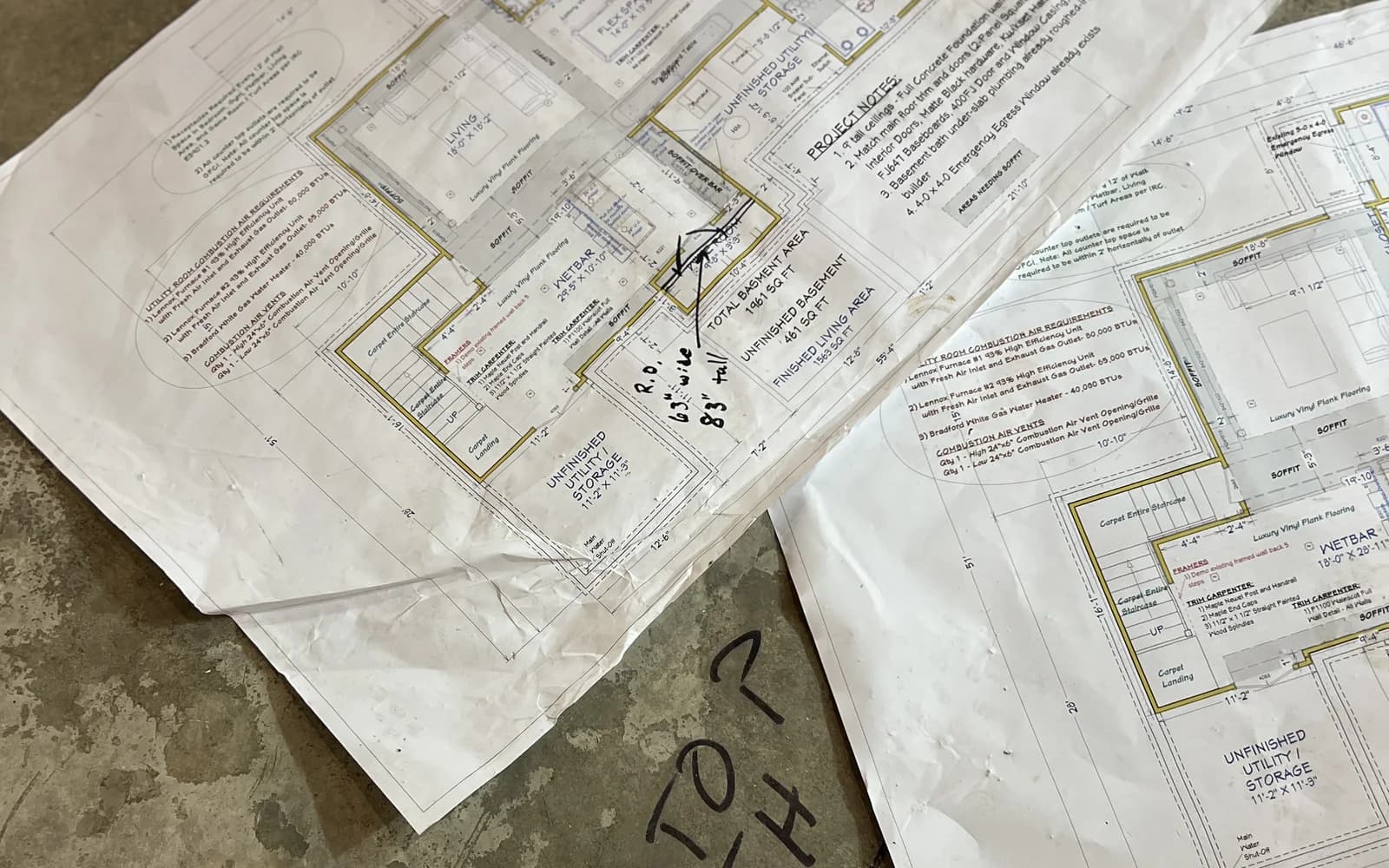 Remodeling plans and project notes for contractor website cost planning