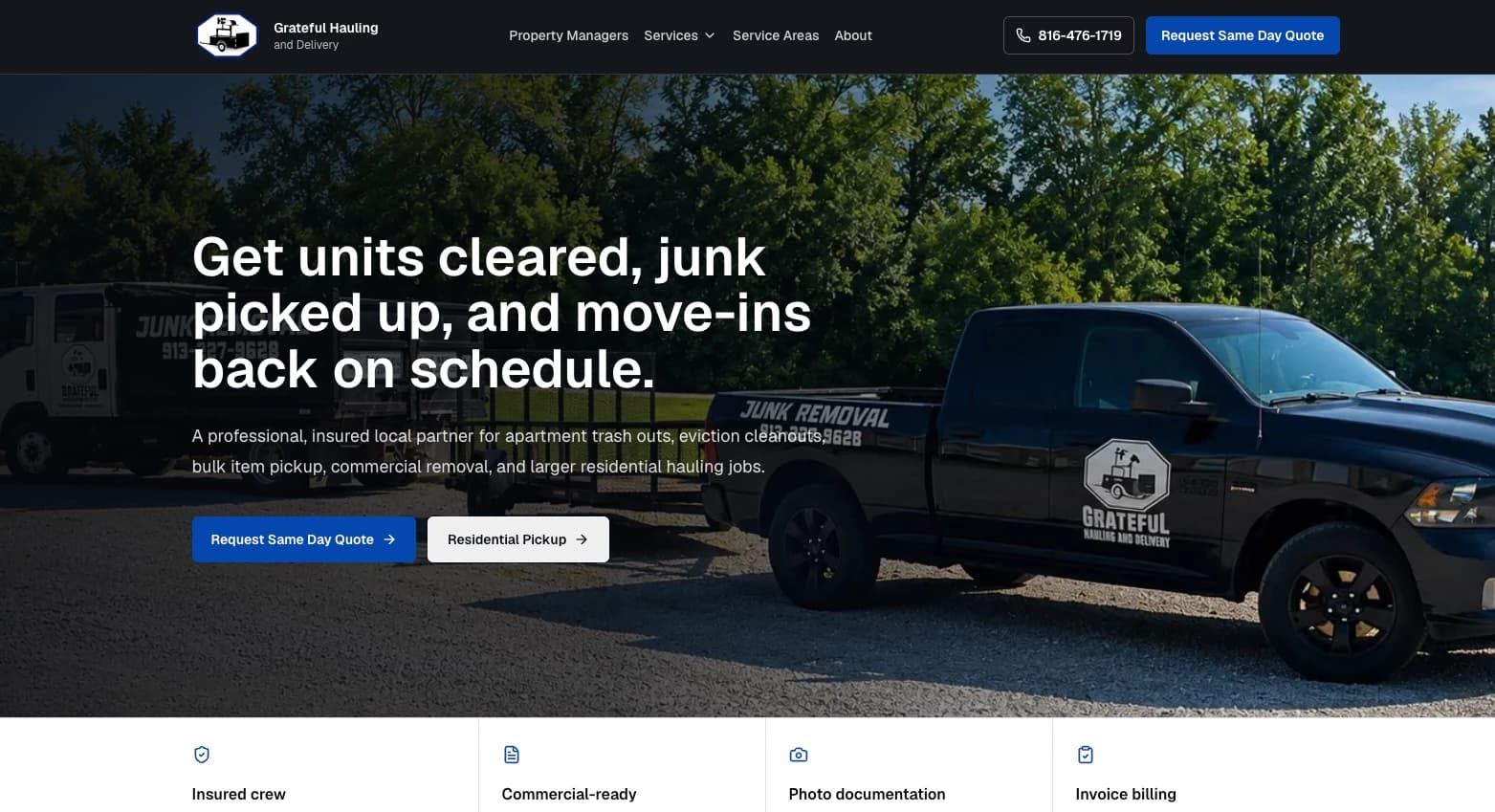 After: Grateful Hauling homepage explains property cleanouts and junk pickup for property managers, with clear quote and residential pickup options