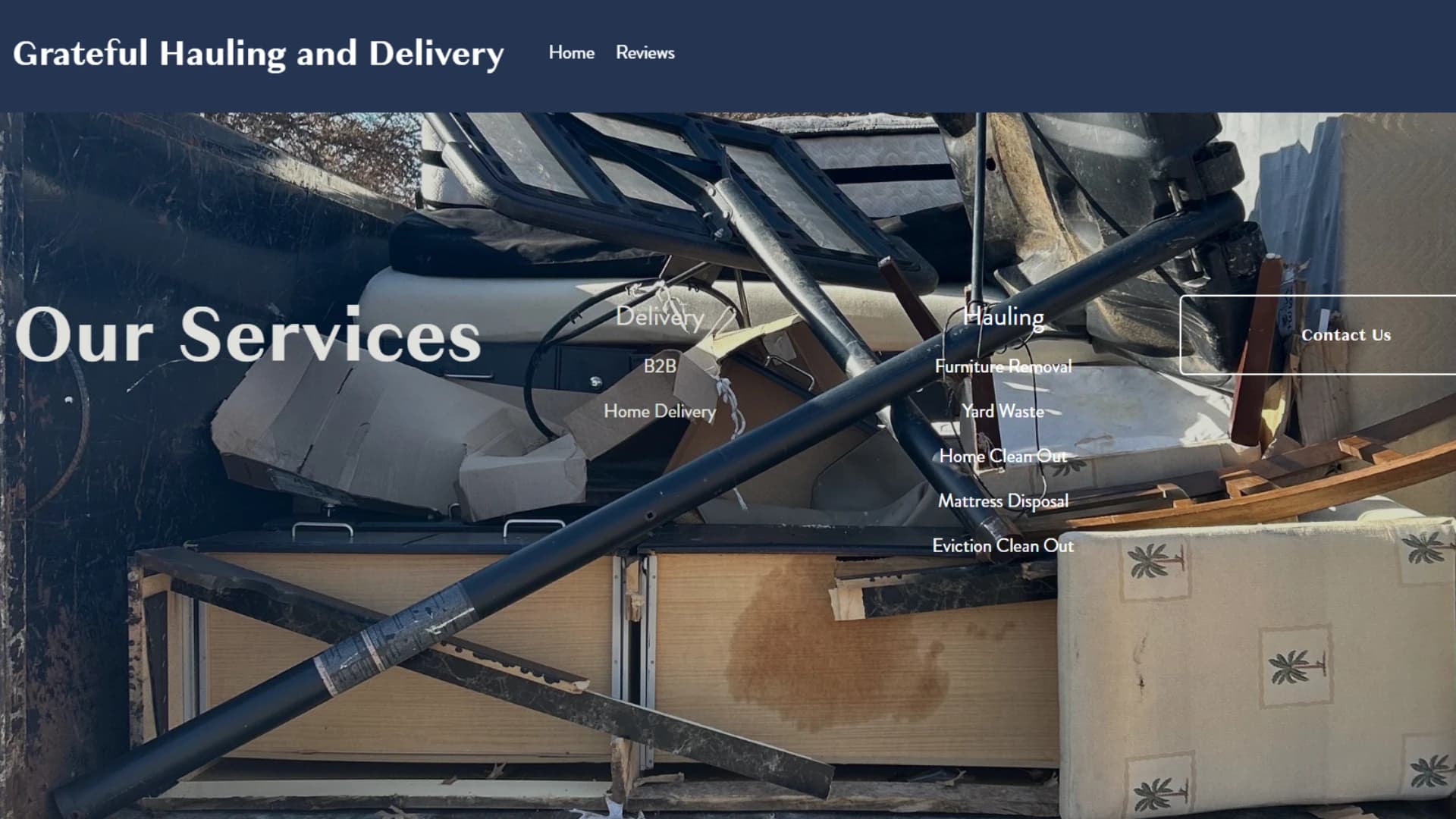 Before: Grateful Hauling homepage lists delivery and hauling services beneath a general Our Services heading