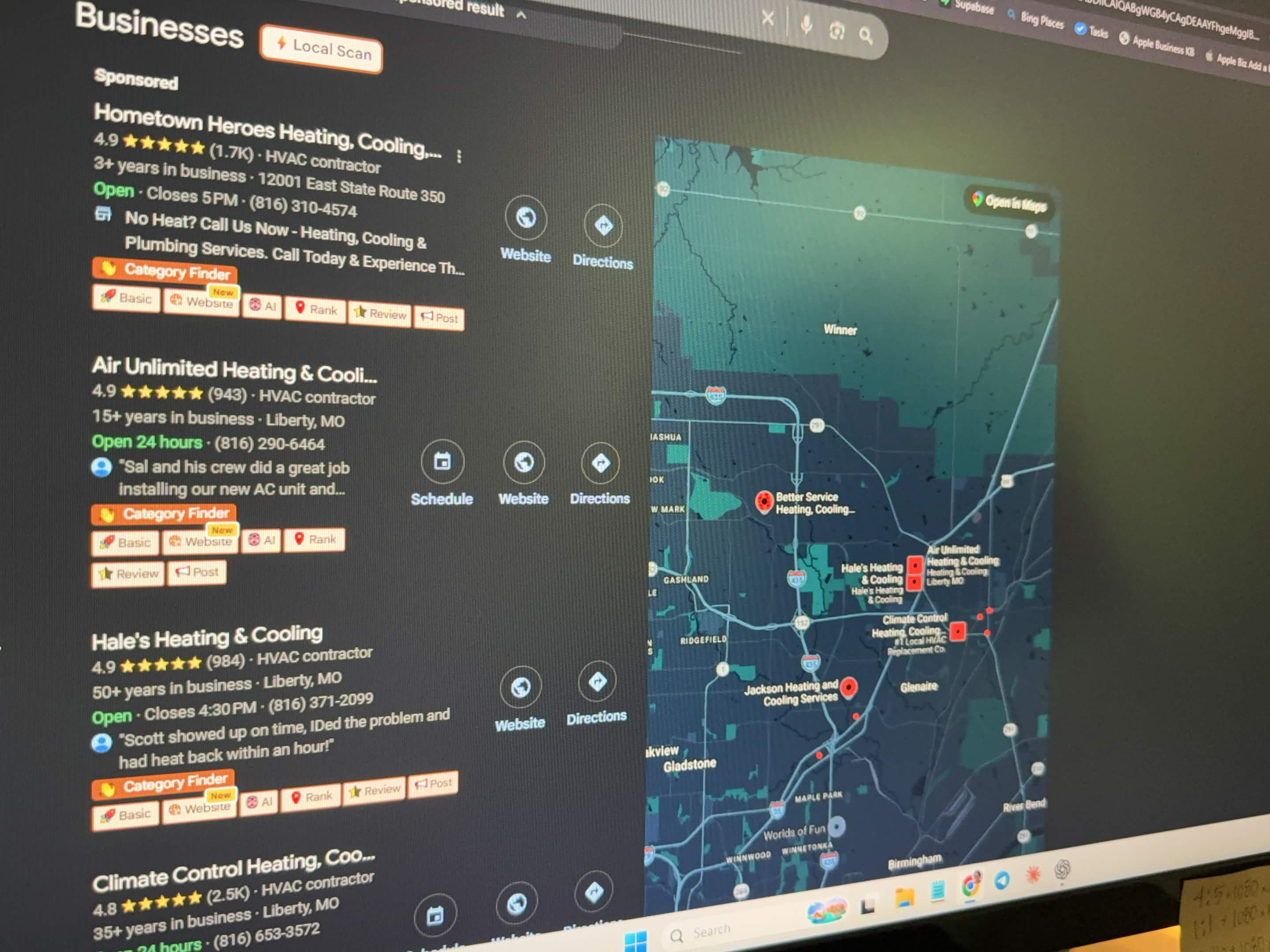 Google local map results and Local Scan interface for Kansas City contractor SEO research