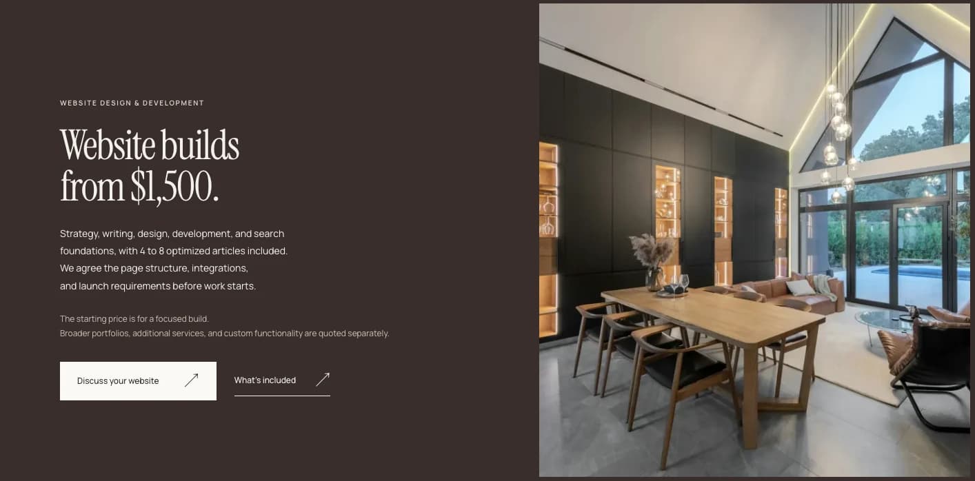 DewBwah's website pricing example: builds from $1,500, with scope and exclusions beside a modern dining room photo