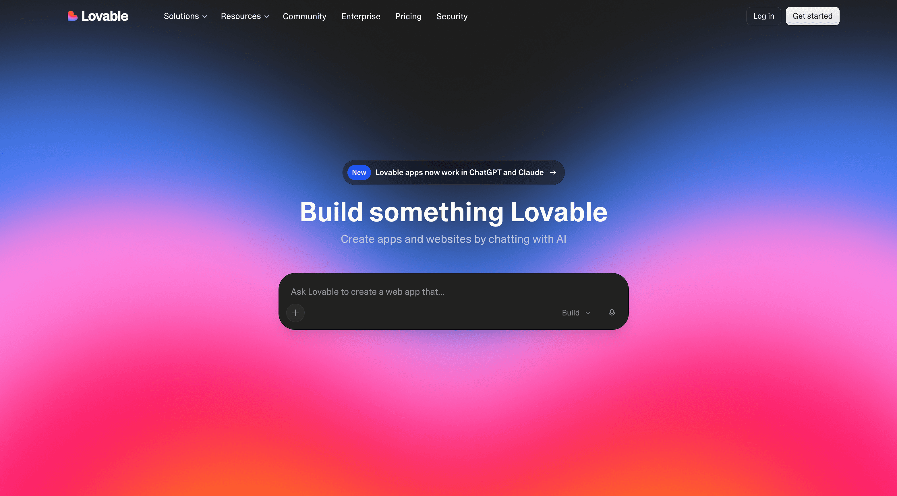 Lovable AI website builder homepage with a colorful gradient background