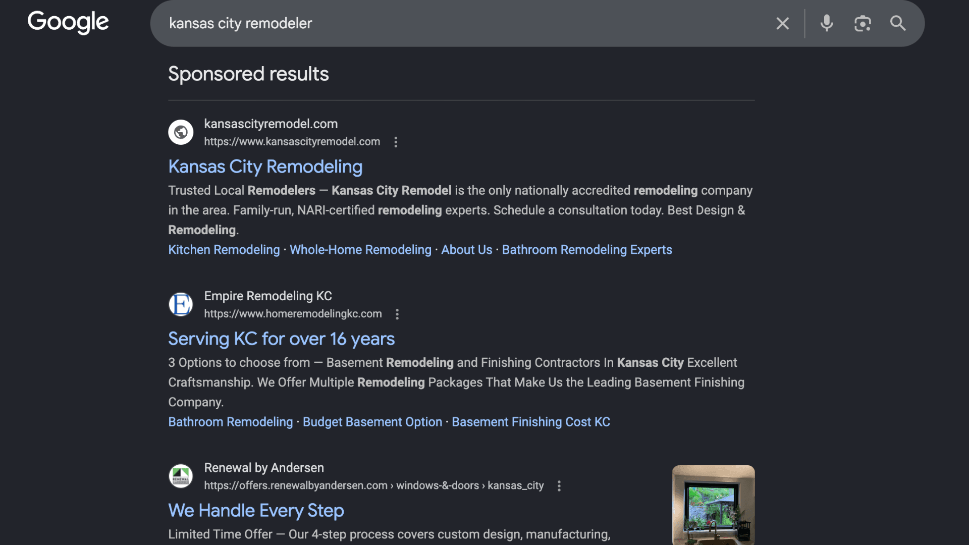 Google Ads search results screenshot for Kansas City remodeler