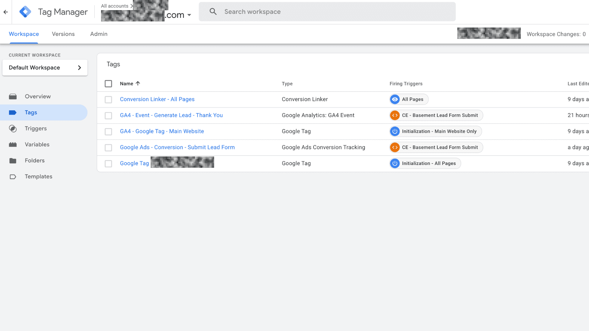 Google Tag Manager tags dashboard screenshot
