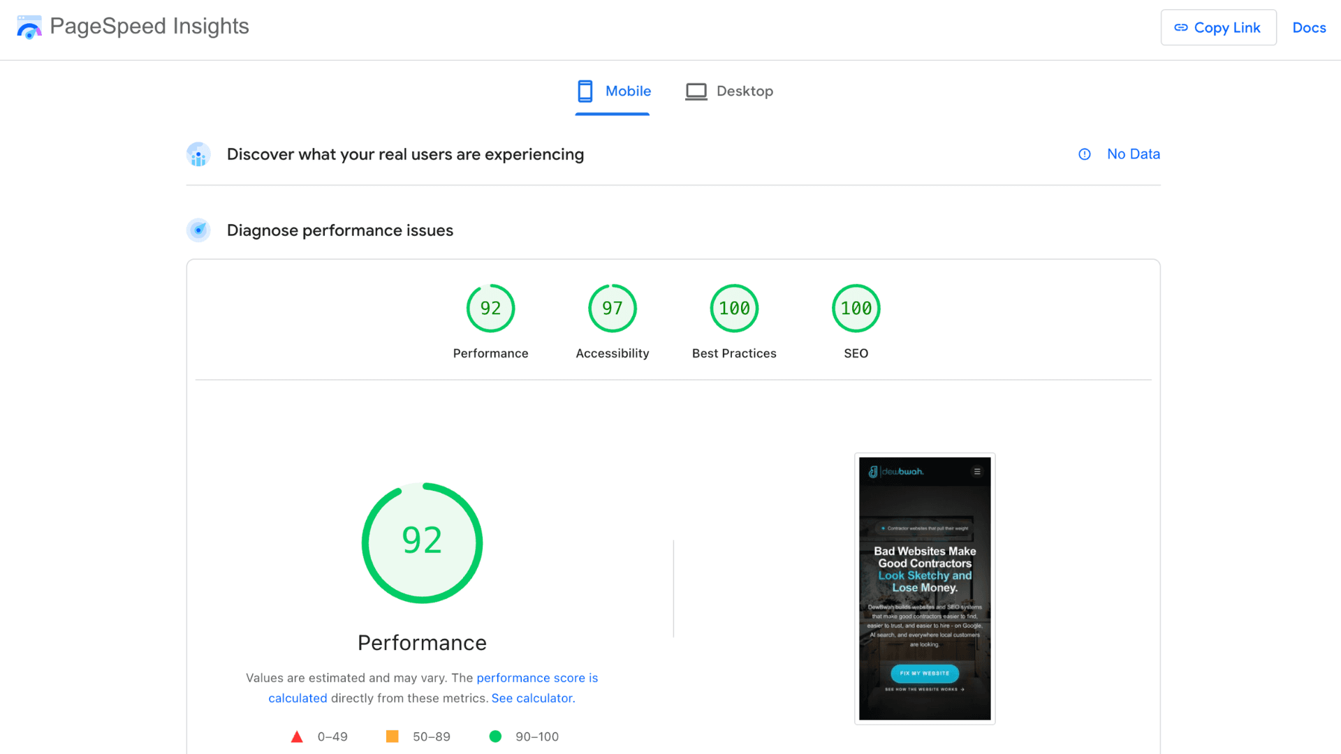 PageSpeed Insights report screenshot