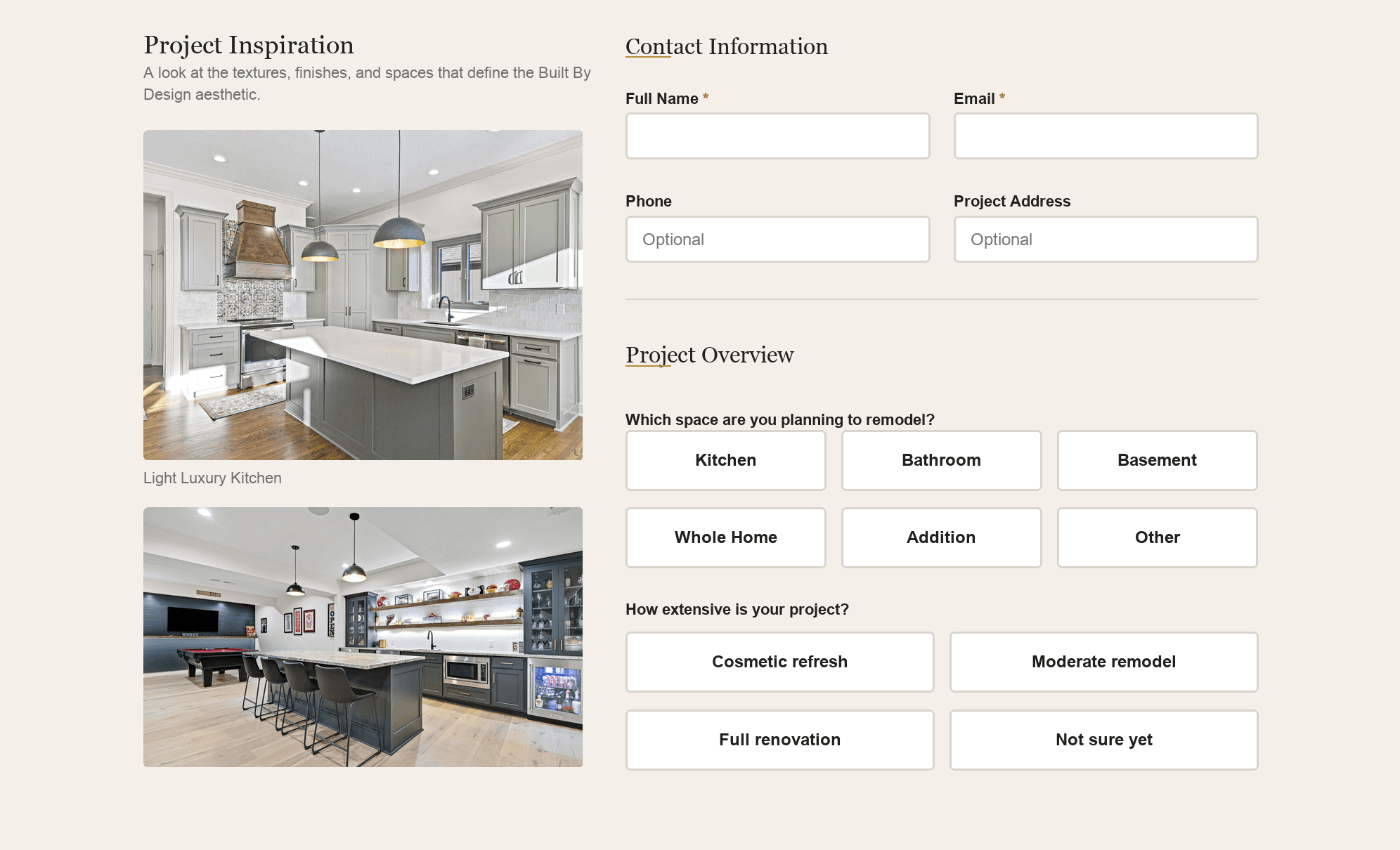 Built by Design project inspiration and contact form preview