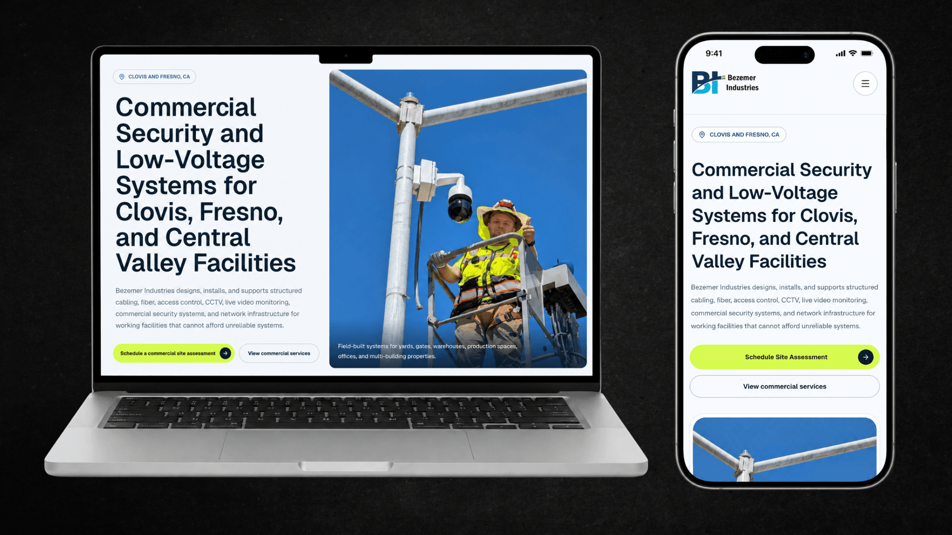 Bezemer Industries website mockup on a laptop and phone
