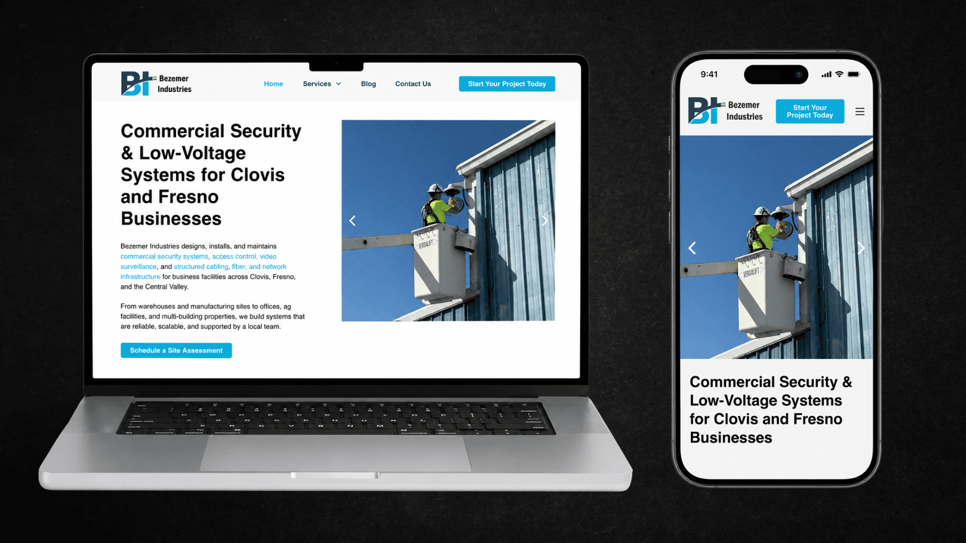 Bezemer Industries website mockup on a laptop and phone