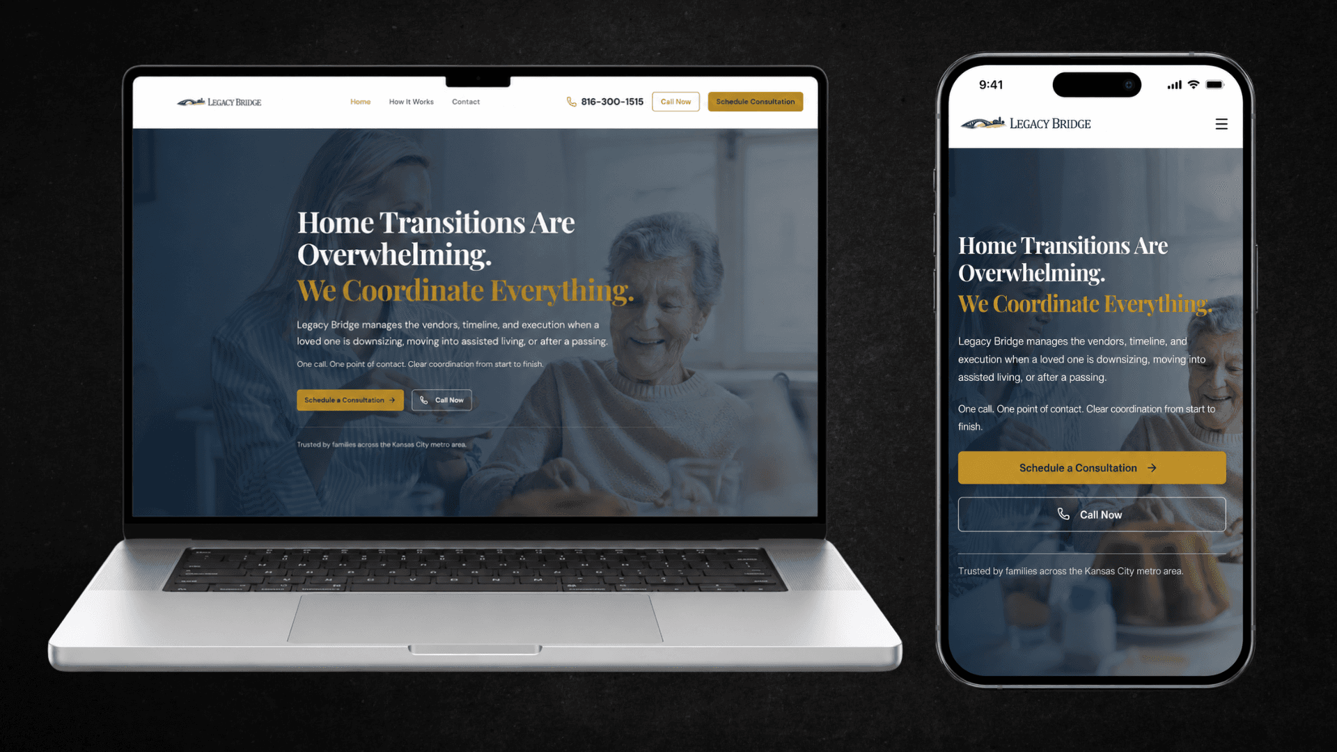 Legacy Bridge website mockup on a laptop and phone