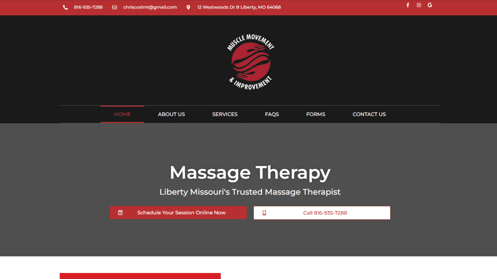 Muscle Movement & Improvement's old Liberty website before the rebuild