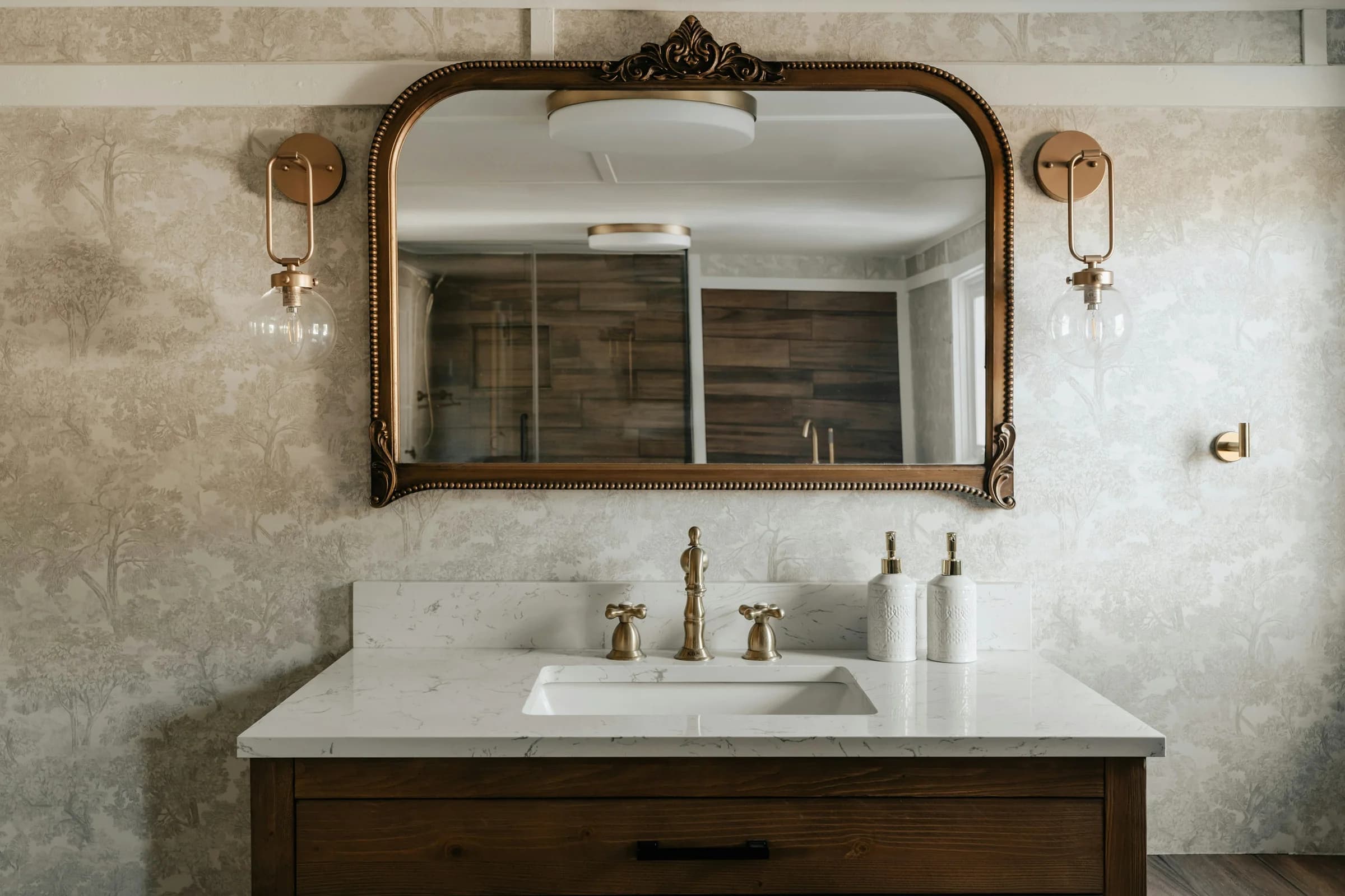 Powder room with a bronze-framed mirror and timber vanity