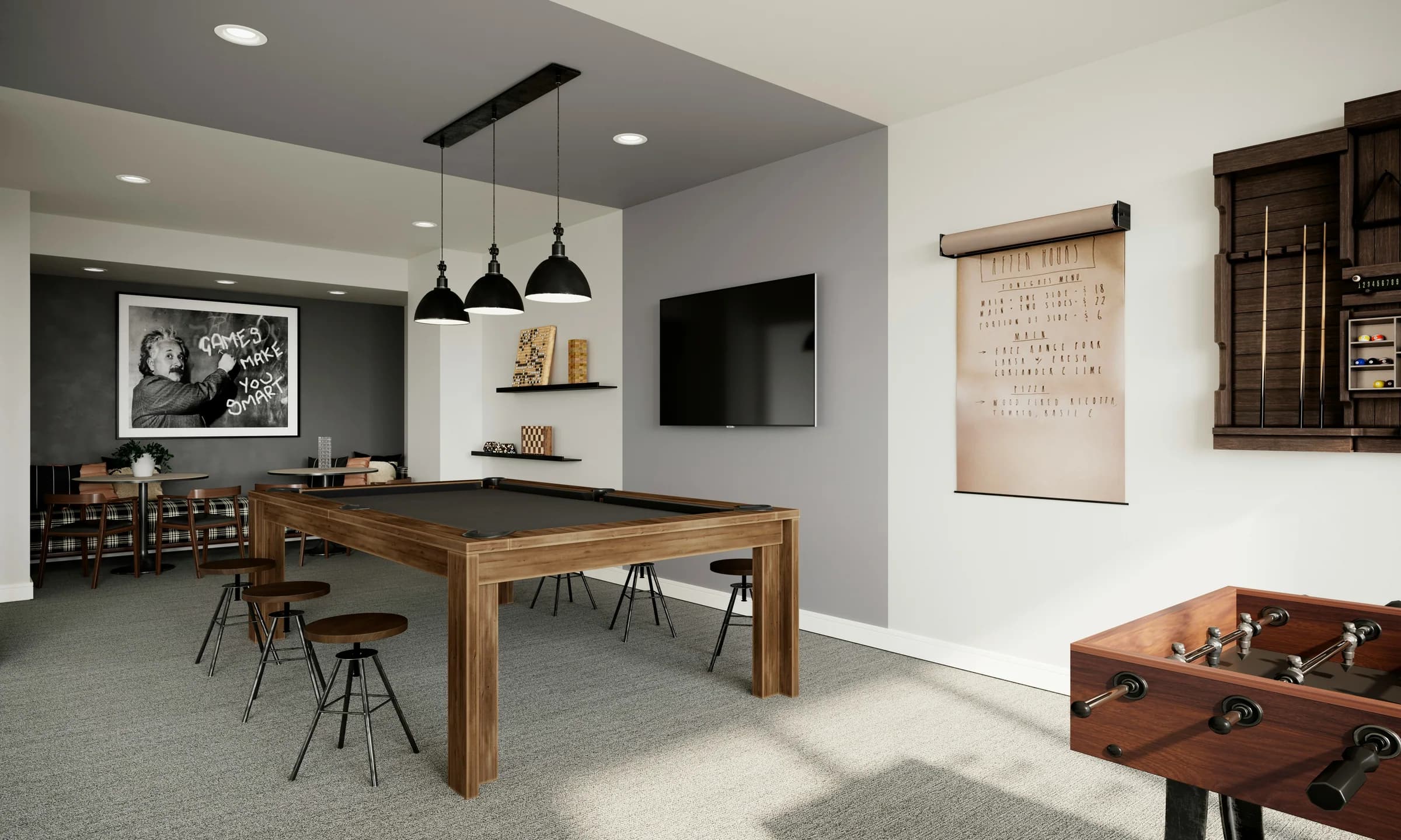 Games room with a timber pool table and pendant lights