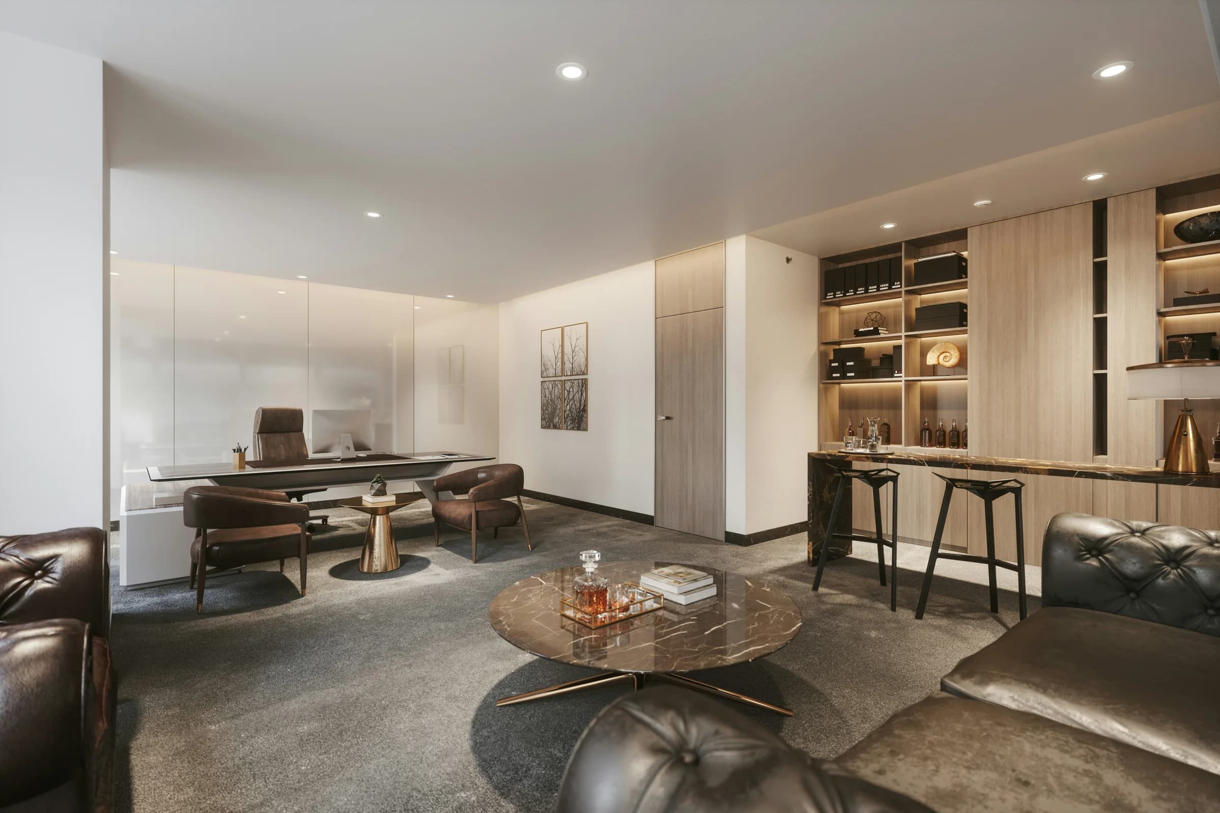 Modern basement lounge with a bar and comfortable seating