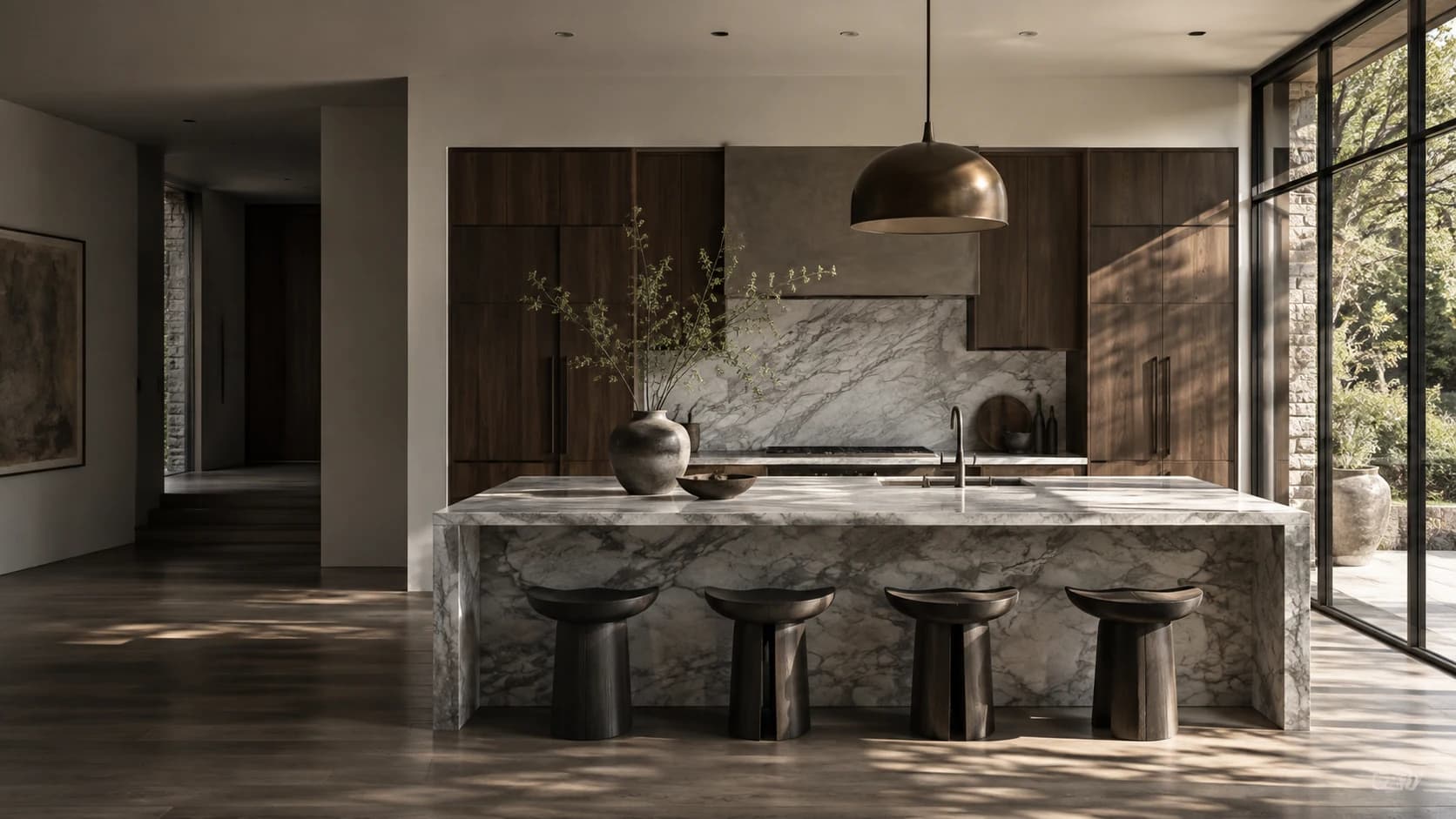Walnut kitchen with a veined marble island and floor-to-ceiling windows