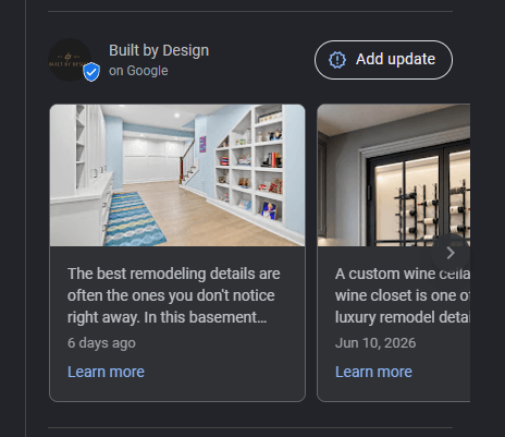 Google Business Profile update cards showing recent business posts with project photos