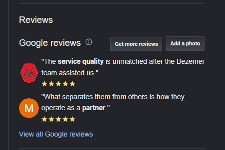 Google Business Profile reviews panel showing customer reviews and five-star ratings