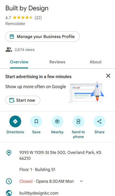 Public Google Business Profile overview with rating, address, hours, website, directions, and action buttons