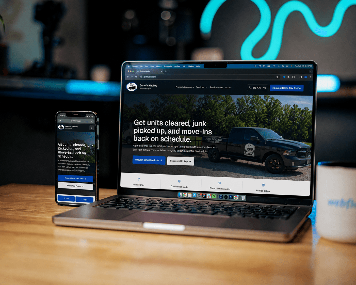 Grateful Hauling and Delivery revised website mockup designed by DewBwah