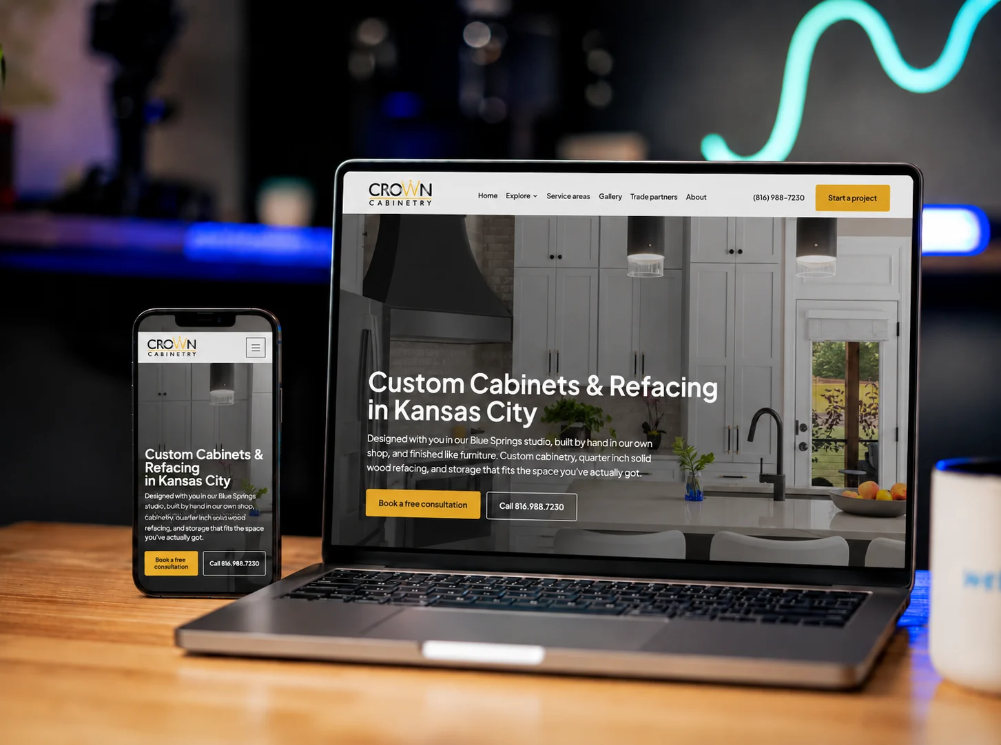 Crown Cabinetry desktop and mobile presentation in laptop and phone frames