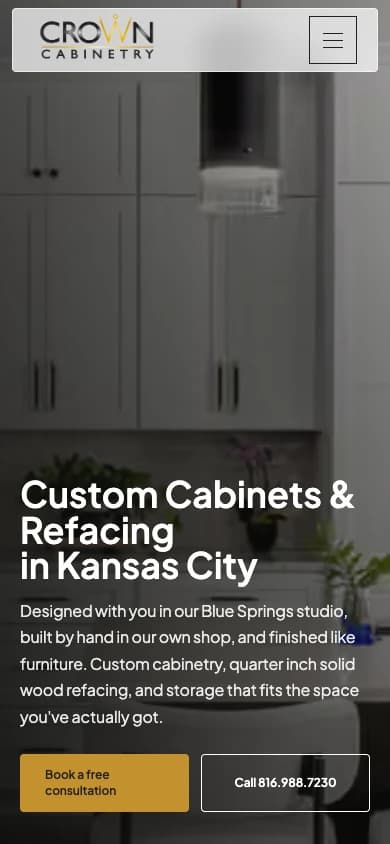 Crown Cabinetry mobile website view