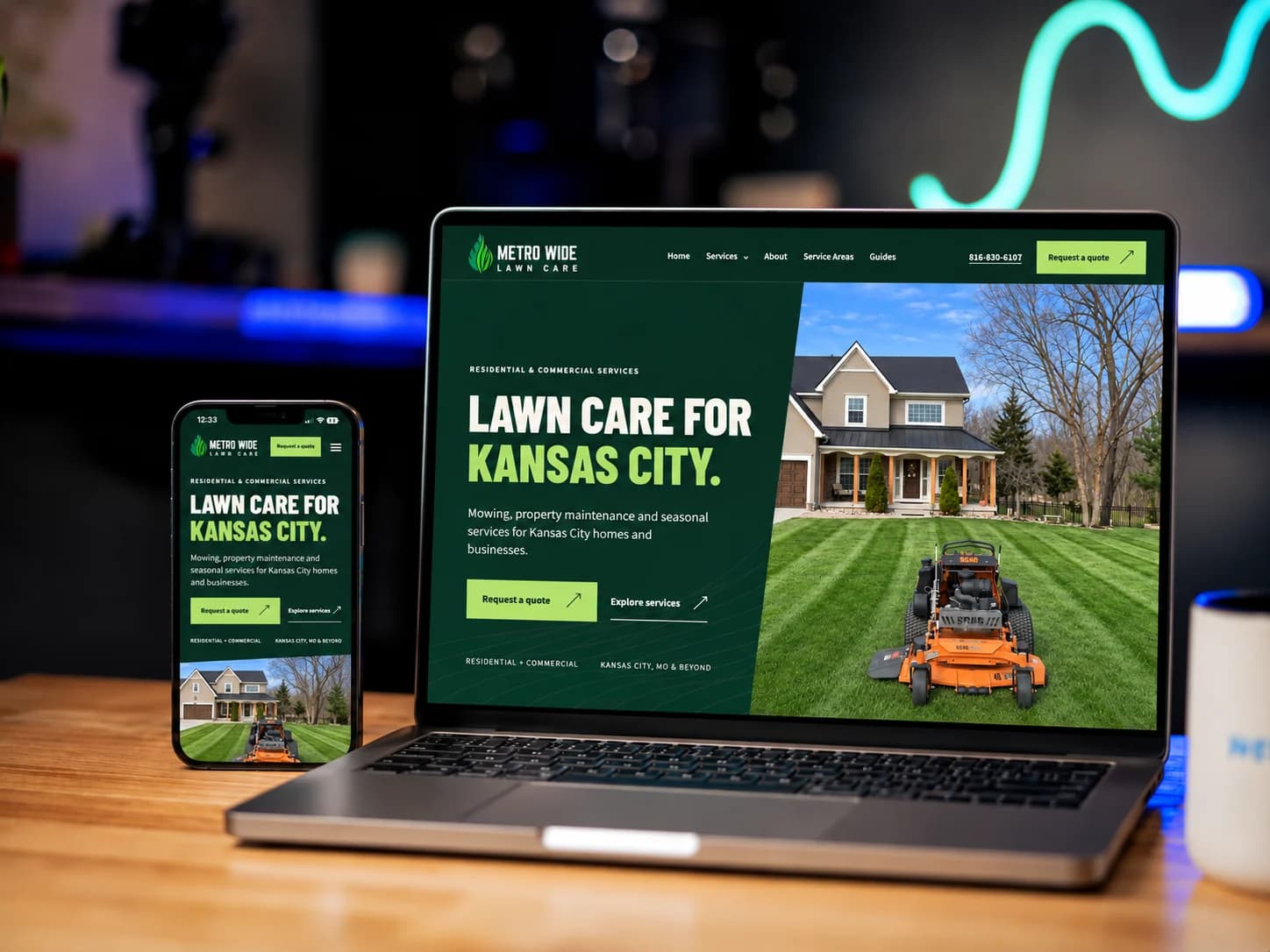 Metro Wide Lawn Care desktop and mobile presentation in laptop and phone frames
