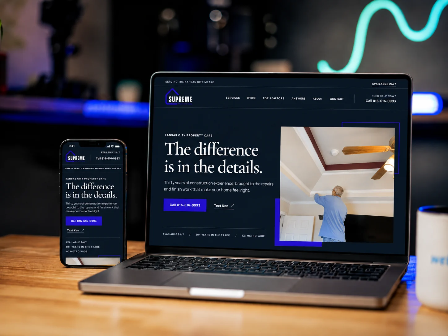 Supreme Property Care desktop and mobile presentation in laptop and phone frames