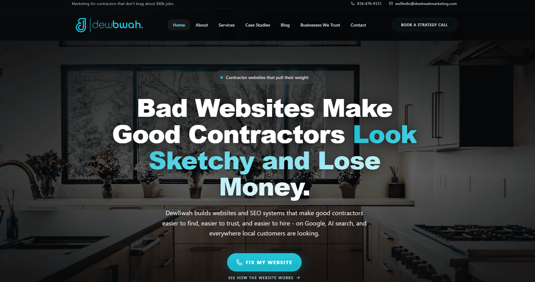 DewBwah contractor marketing homepage
